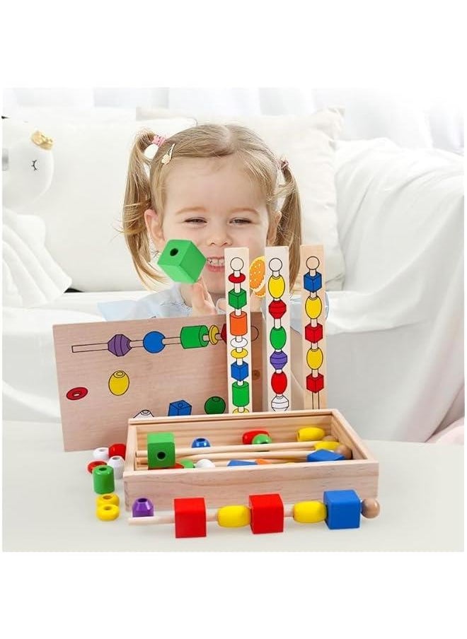 HOOKOR - Kids Montessori Bead Sequencing Set, 46 Wooden Beads and 5 Double-Sided Pattern Boards - Color Recognition Toys, Matching Shapes Stacker, Shape Sorter Toys For Kids Ages 3+ - Image 1