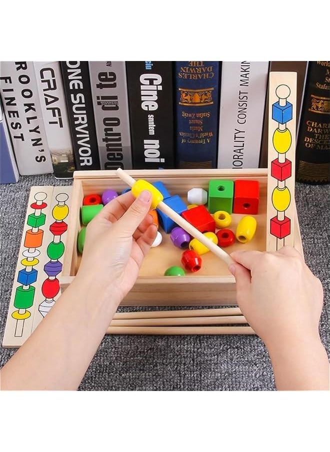 HOOKOR - Kids Montessori Bead Sequencing Set, 46 Wooden Beads and 5 Double-Sided Pattern Boards - Color Recognition Toys, Matching Shapes Stacker, Shape Sorter Toys For Kids Ages 3+ - Image 1