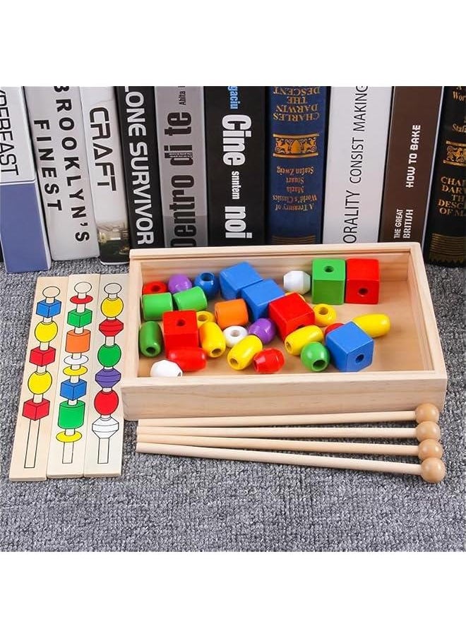 HOOKOR - Kids Montessori Bead Sequencing Set, 46 Wooden Beads and 5 Double-Sided Pattern Boards - Color Recognition Toys, Matching Shapes Stacker, Shape Sorter Toys For Kids Ages 3+ - Image 1