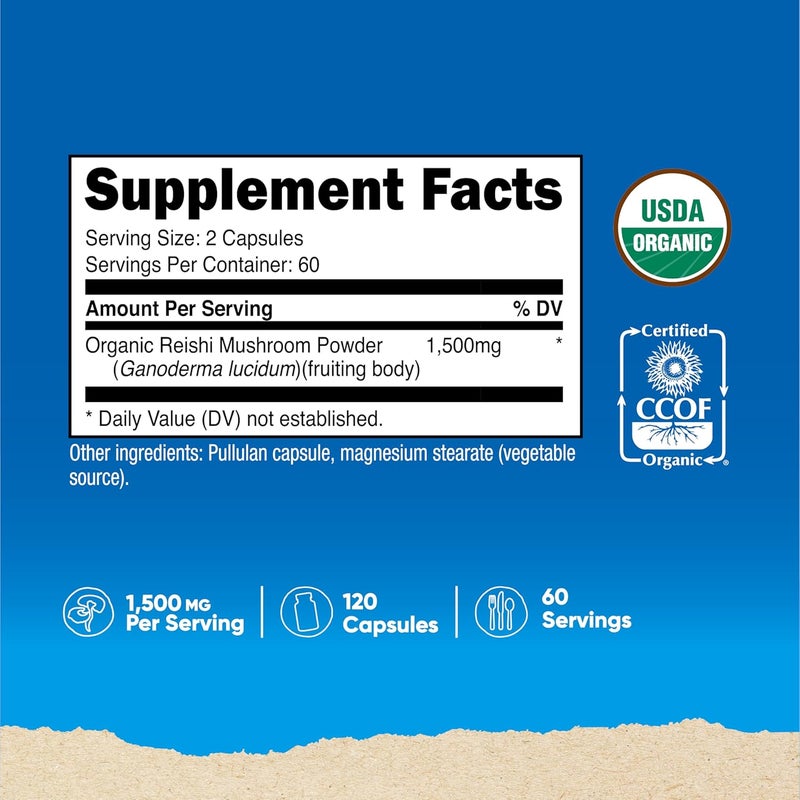 Nutricost Reishi Mushroom Capsules 1500mg 60 Servings  CCOF Certified Made with Organic Reishi Mushroom Vegetarian Gluten Free 750mg Per Capsule 120 Capsules - Image 2