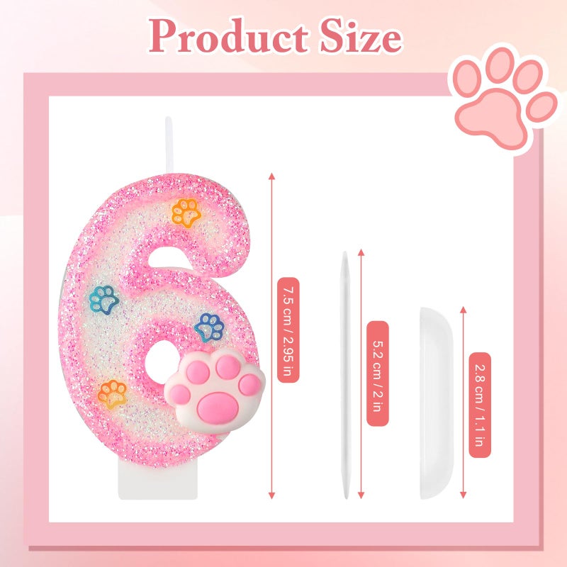 AKURIEEY Dog and Cat 6th Birthday Candle Pink Numbers 6 Candle Paw Cake Topper Cupcake Decorations for Pet Theme Party Decor Anniversary Celebrations Supplies - Image 3