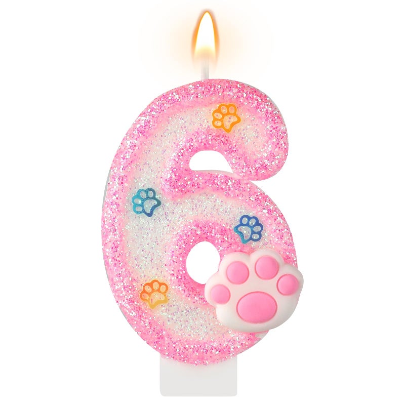 AKURIEEY Dog and Cat 6th Birthday Candle Pink Numbers 6 Candle Paw Cake Topper Cupcake Decorations for Pet Theme Party Decor Anniversary Celebrations Supplies - Image 1