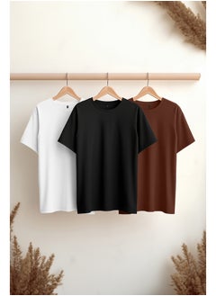 Black-Brown-White Basic Slim Fit 100% Cotton 3-Pack T-Shirt TMNSS19BO0007