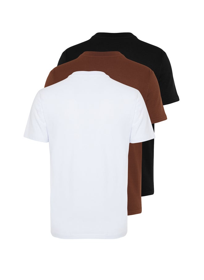 trendyol - Black-Brown-White Basic Slim Fit 100% Cotton 3-Pack T-Shirt TMNSS19BO0007 - Image 1