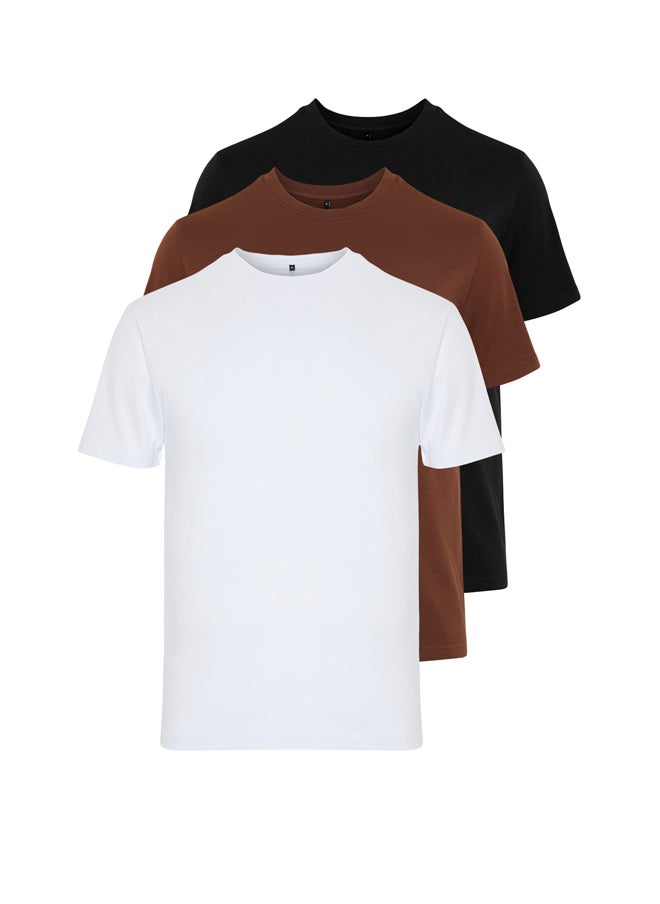 trendyol - Black-Brown-White Basic Slim Fit 100% Cotton 3-Pack T-Shirt TMNSS19BO0007 - Image 1