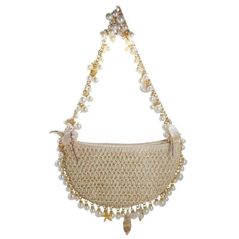DEBIMY Women Pearl Straw Clutch Purse Woven Summer Beach Evening Bag Wedding Party Straw Shoulder Handbag Beige - Image 1