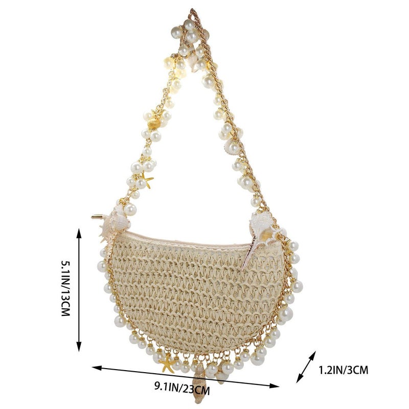DEBIMY Women Pearl Straw Clutch Purse Woven Summer Beach Evening Bag Wedding Party Straw Shoulder Handbag Beige - Image 5
