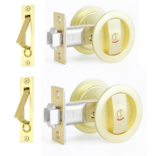 Dontay Pocket Door Color Coded Indicators LockPrivacy BedBath Handles Latch 238 Backset Hardware for 1 38 to 2 316 Thickness DoorIncluding Edge Pull Satin Brass Round 2 Pack - Image 1