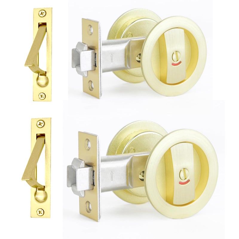 Dontay Pocket Door Color Coded Indicators LockPrivacy BedBath Handles Latch 238 Backset Hardware for 1 38 to 2 316 Thickness DoorIncluding Edge Pull Satin Brass Round 2 Pack - Image 2