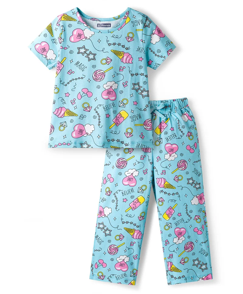 Pine Kids Pine Kids Single Jersey Knit Half Sleeves Co-ords Night Suit With Heart Print - Light Blue