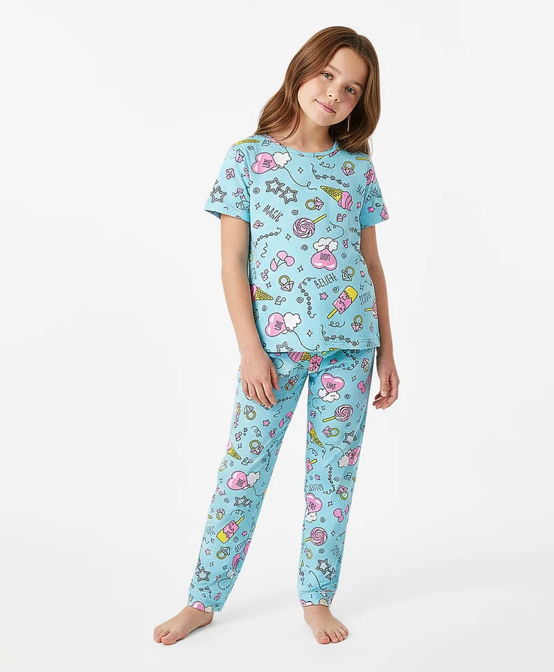 Pine Kids Pine Kids Single Jersey Knit Half Sleeves Co-ords Night Suit With Heart Print - Light Blue