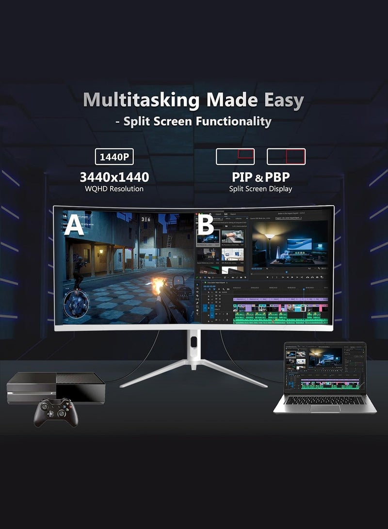 HILUKE 34-Inch Curved Gaming Monitor | UWQHD 3440 x 1440 | 165Hz Refresh Rate | 1ms (MPRT) Response Time | AMD FreeSync Premium | HDR10 | 125% sRGB | 1500R Curvature | HDMI 2.1 (TMDS) x2 | DisplayPort 1.4 x2 | 75x75mm VESA Mount | Ultra-Wide Screen | Gamer Monitor | Low Motion Blur | Eye Care (Flicker-Free/Low Blue Light) | White Design - Image 5