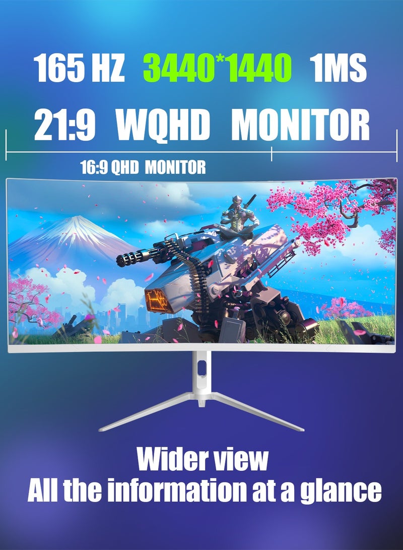 HILUKE 34-Inch Curved Gaming Monitor | UWQHD 3440 x 1440 | 165Hz Refresh Rate | 1ms (MPRT) Response Time | AMD FreeSync Premium | HDR10 | 125% sRGB | 1500R Curvature | HDMI 2.1 (TMDS) x2 | DisplayPort 1.4 x2 | 75x75mm VESA Mount | Ultra-Wide Screen | Gamer Monitor | Low Motion Blur | Eye Care (Flicker-Free/Low Blue Light) | White Design - Image 3
