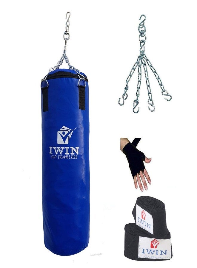 IWIN Sept-ComboPunch-WithWrap Synthetic Unfilled Punching Bag with Chain and Hand Wrap Combo, 3 ft (Blue) - Image 1