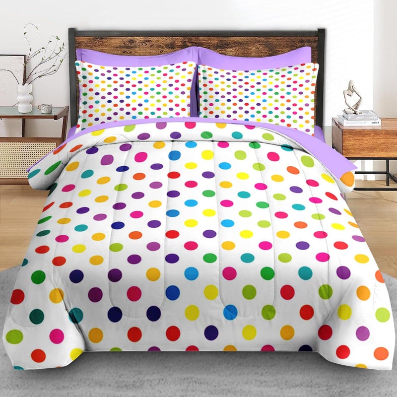 Pamnest Pamnest Comforter Set Queen Size  Polka Dot Purple 7 Pcs Bedding for Kids and Adults  Inspired Candy Fun Colorful Bed Sheet Sets with Fitted Sheet 2 Pillowcases & 2 Shams for Bedroom Bed Decor  - Image 3