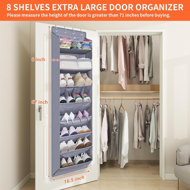 FENTEC 8 Tier Hanging Shoe Storage Organiser, Door Shoe Rack with Deep Pockets and Sturdy Hooks, Space Saving, Grey - Image 2