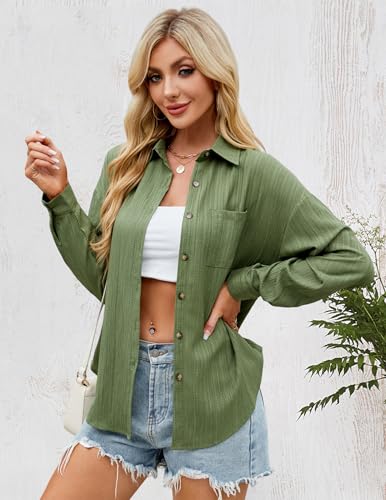 Neweek Womens Casual Button Down Linen Shirt Long Sleeve V Neck Work Dressy Shirt Textured Collared Blouses Tops Loose Fit Army Green - Image 2