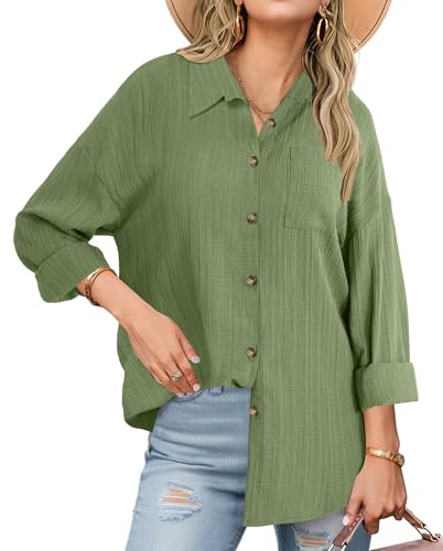 Neweek Womens Casual Button Down Linen Shirt Long Sleeve V Neck Work Dressy Shirt Textured Collared Blouses Tops Loose Fit Army Green - Image 1