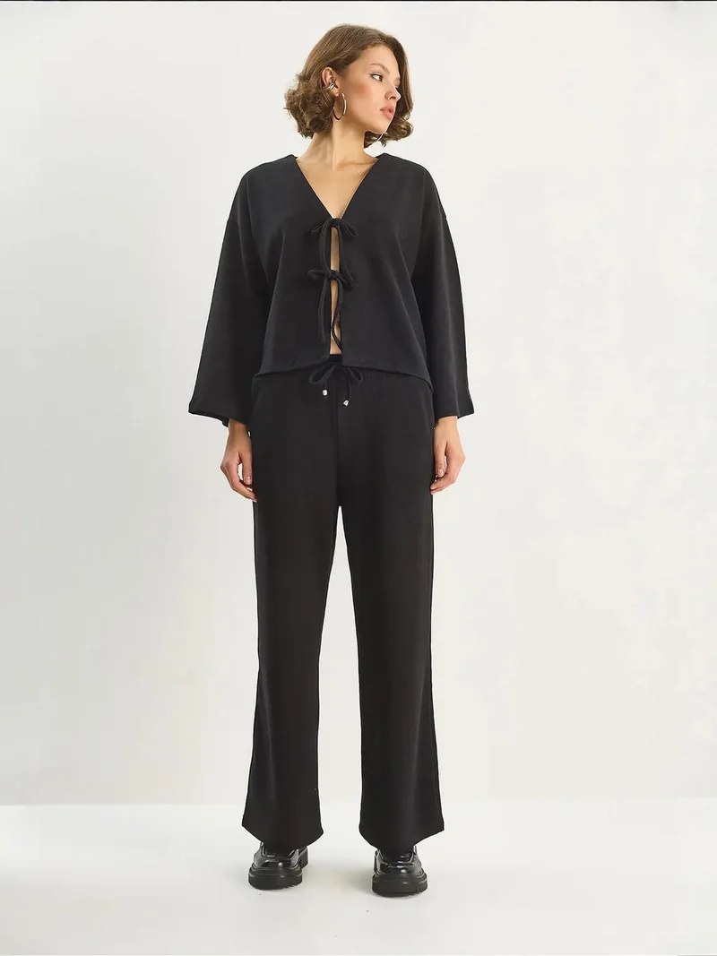 Bianco Lucci Black LUCCI V-Neck Knitted Cardigan and Wide Leg Pants Set for Women | Best Price UAE