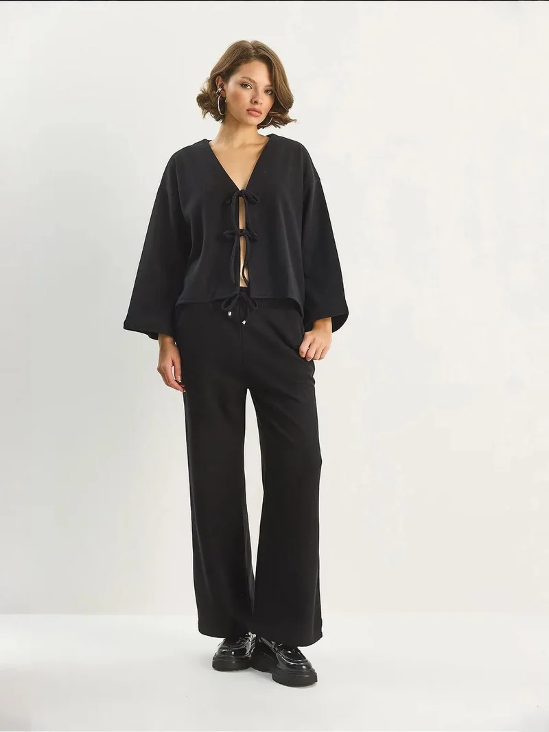 Bianco Lucci Black LUCCI V-Neck Knitted Cardigan and Wide Leg Pants Set for Women | Best Price UAE