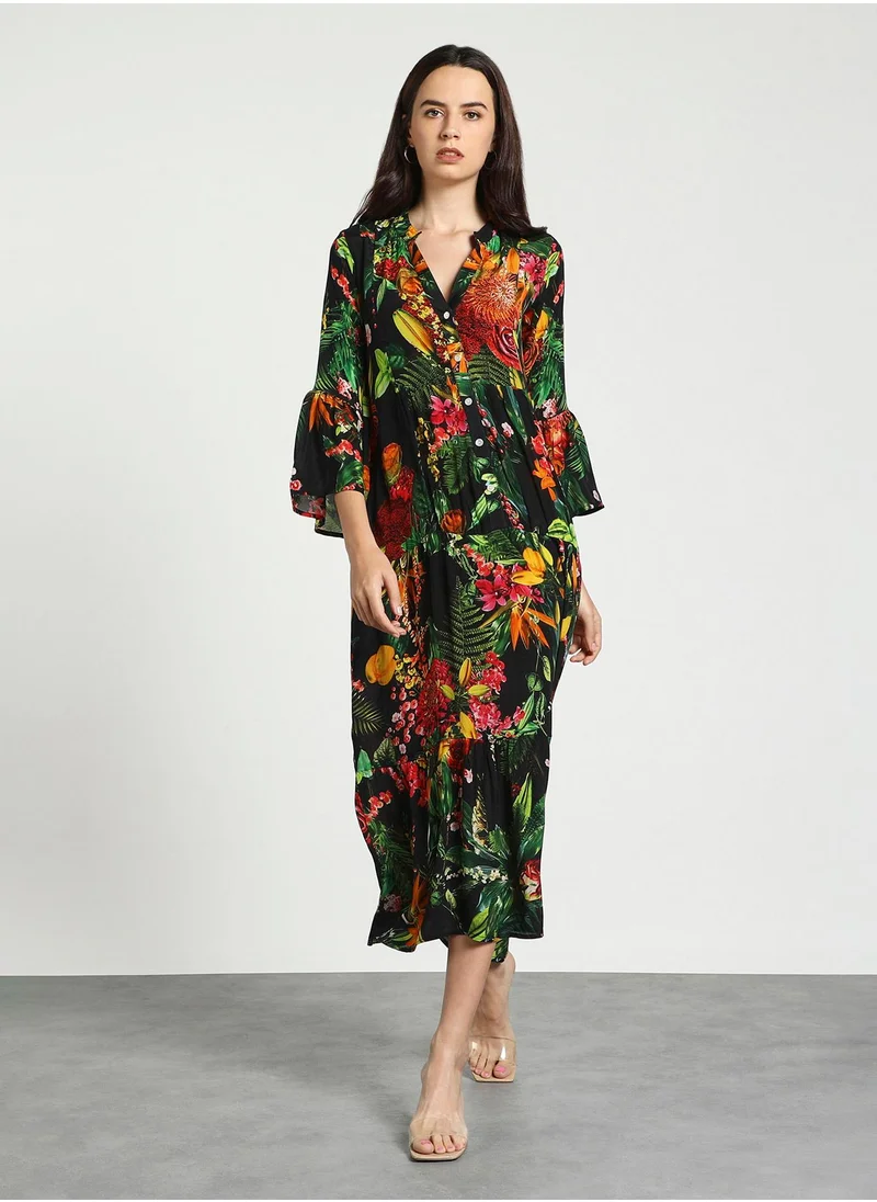 Couturelabs Black Gathered Printed Midi Dress