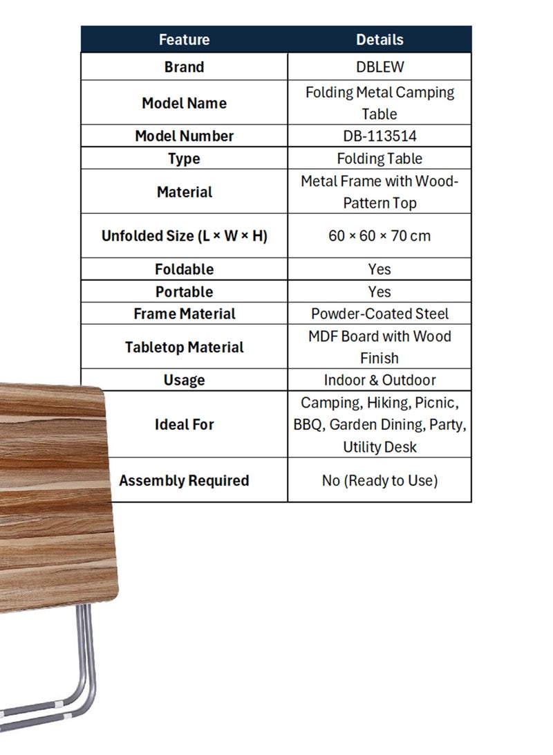 DBLEW Folding Metal Camping Table 60x60x70 cm Portable Indoor Outdoor Dining Desk - Image 2