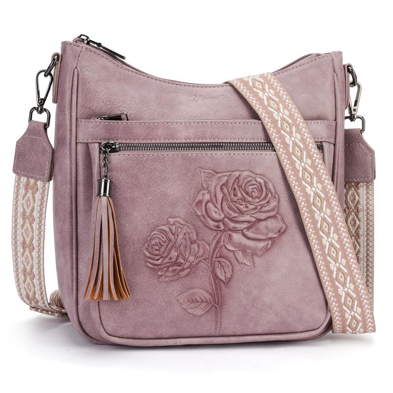 VIMUTI Crossbody Bags for Women Trendy Vegan Leather Hobo Purses Embossed Shoulder Handbag Lightweight Travel Purse (08-Purple) - Image 1