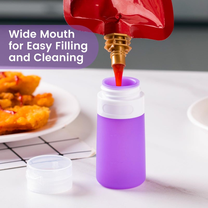 MICEBAY Condiment Squeeze Bottles for Sauces, 2-oz Mini Silicone Salad Dressing Container to Go with Snack Storage Bag, Leakproof Sauce Bottles for Lunch Box, 4 Pack, Purple - Image 3