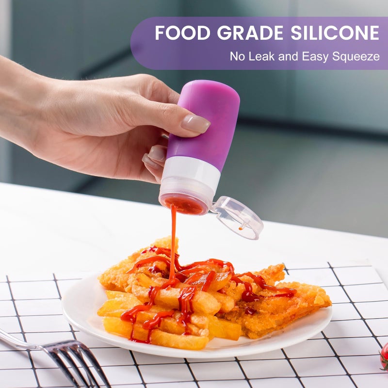 MICEBAY Condiment Squeeze Bottles for Sauces, 2-oz Mini Silicone Salad Dressing Container to Go with Snack Storage Bag, Leakproof Sauce Bottles for Lunch Box, 4 Pack, Purple - Image 4