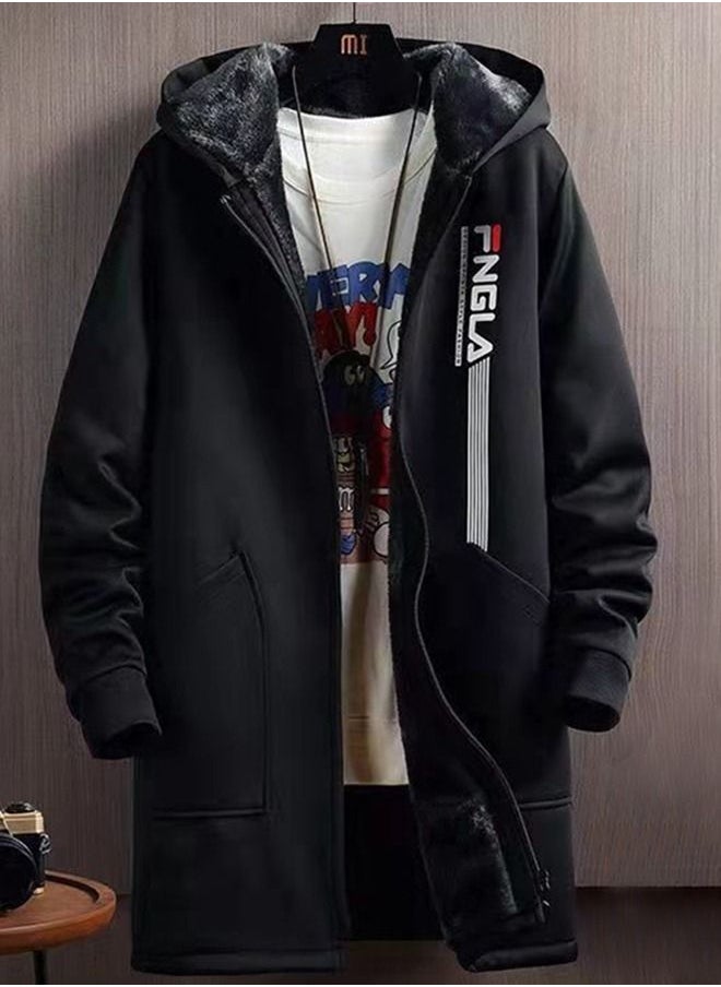 NIBEMINENT - Autumn and Winter Mid-length Fleece Windbreaker Jacket Men's Plus Size Hooded Top - Image 1