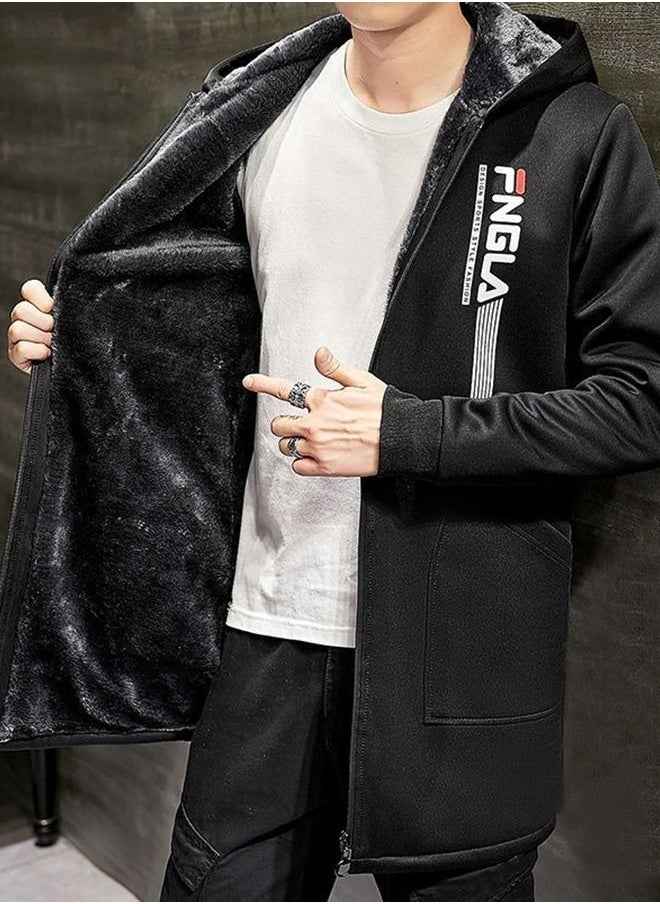 NIBEMINENT - Autumn and Winter Mid-length Fleece Windbreaker Jacket Men's Plus Size Hooded Top - Image 1