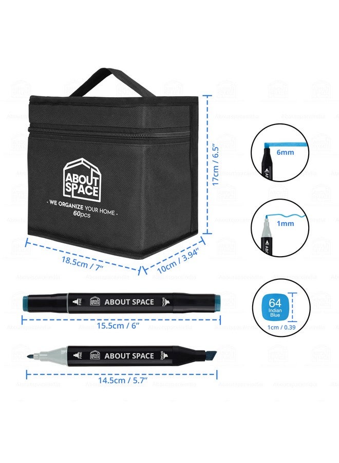 ABOUT SPACE Dual Tip Art Markers 60 Colours With Carrying Case For Painting Sketching Calligraphy Drawing Odorless&Non Toxic Twin Head Permanent Colouring Markers For Kids Adult Beginners|Assorted - Image 2