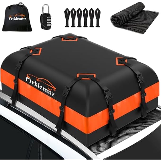 rayihni صندوق سقف السيارة، حقيبة رف السقف، مقاومة للماء لجميع أسطح المركبات مع/بدون رف pannier، تشمل حصيرة غير قابلة للانزلاق + أحزمة معززة + 6 خطافات أبواب + قفل أمتعة (15 قدم مكعب) - Image 1