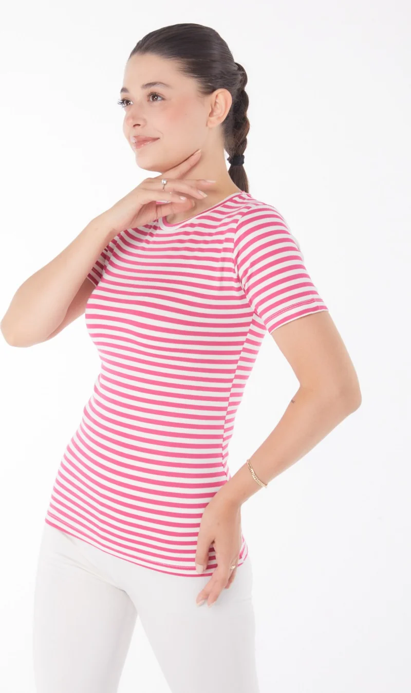 Tofisa Plain Crew Neck Women's Fuchsia Striped Short Sleeve T-Shirt - 25761