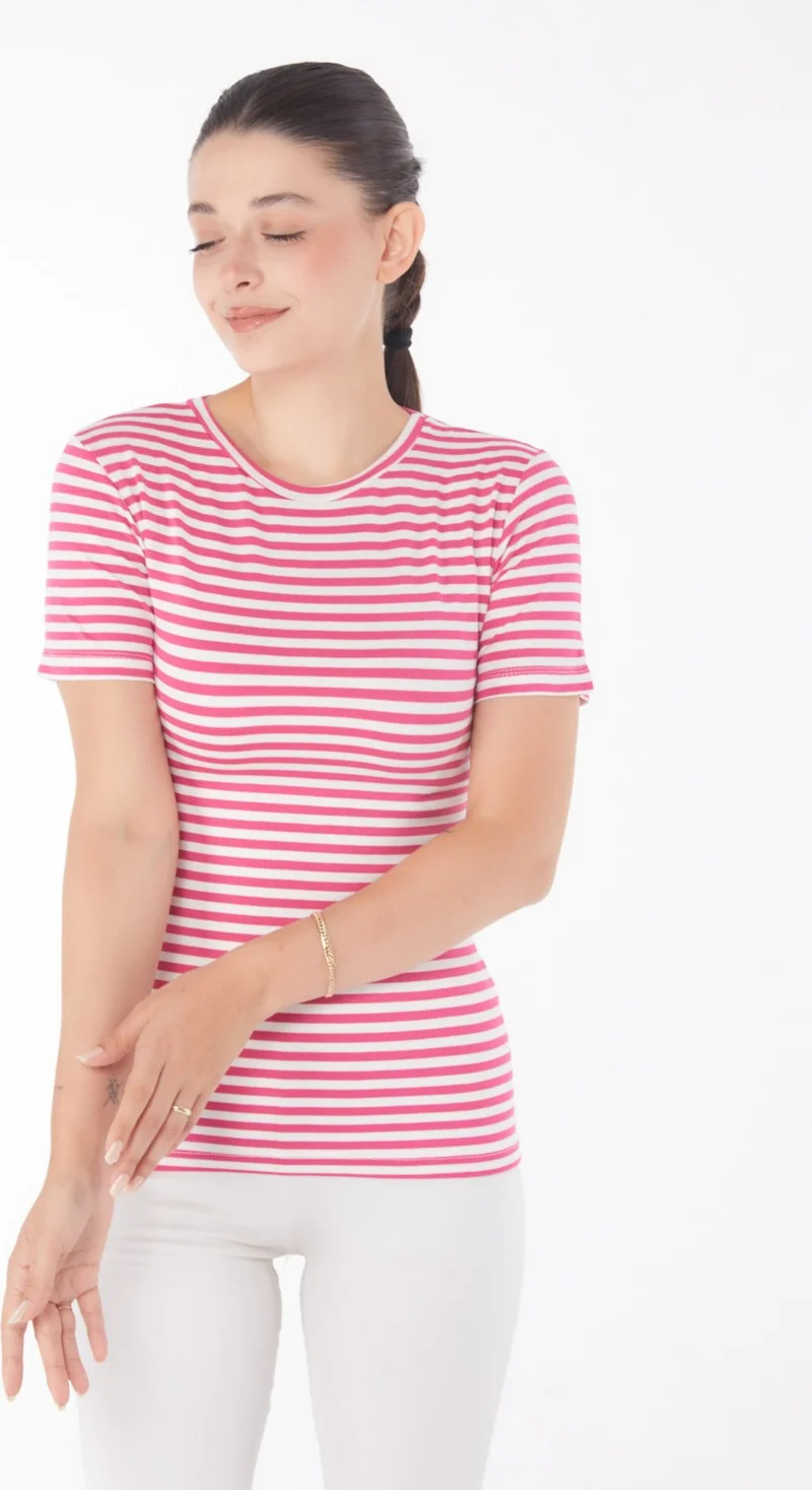 Tofisa Plain Crew Neck Women's Fuchsia Striped Short Sleeve T-Shirt - 25761