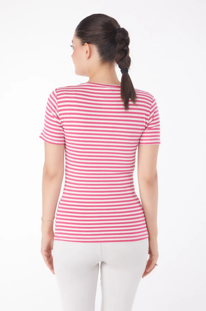 Tofisa Plain Crew Neck Women's Fuchsia Striped Short Sleeve T-Shirt - 25761