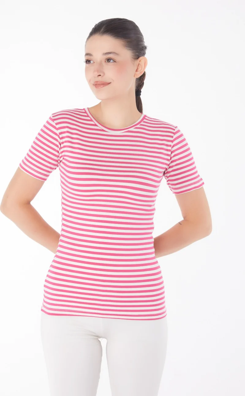 Tofisa Plain Crew Neck Women's Fuchsia Striped Short Sleeve T-Shirt - 25761