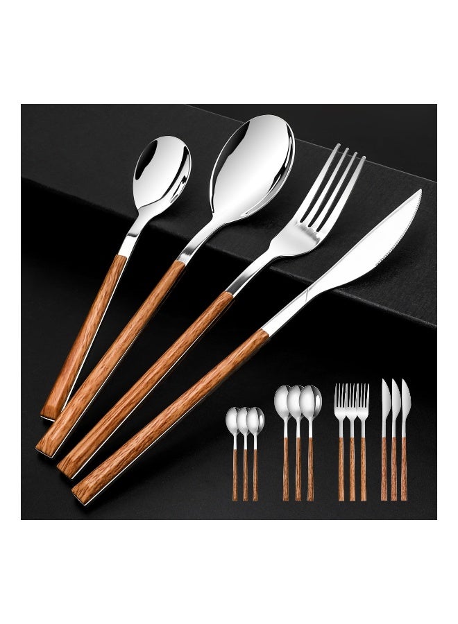 16PCS Stainless Steel Flatware, (Service for 4) Cutlery Set with Simulated Wooden Handles Stylish Cutlery  Stainless Steel Cutlery Dining Table Flatware Set  for 4, Mirror Polished and Dishwasher Safe - Image 1