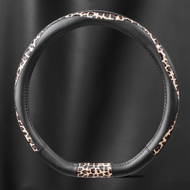 Road Comforts D-Type Steering Wheel Cover - Made with PVC Leather and Leopard Fabric - Universal Fit for 15-Inch D-Shaped Automotive Steering Wheels (Black Color) - Image 5