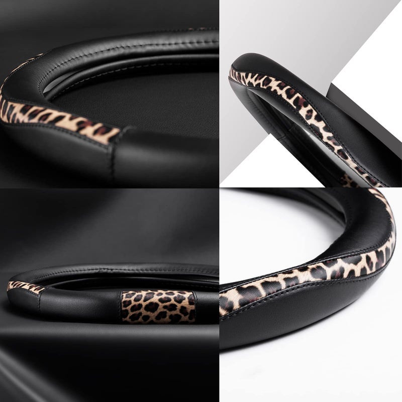 Road Comforts D-Type Steering Wheel Cover - Made with PVC Leather and Leopard Fabric - Universal Fit for 15-Inch D-Shaped Automotive Steering Wheels (Black Color) - Image 4