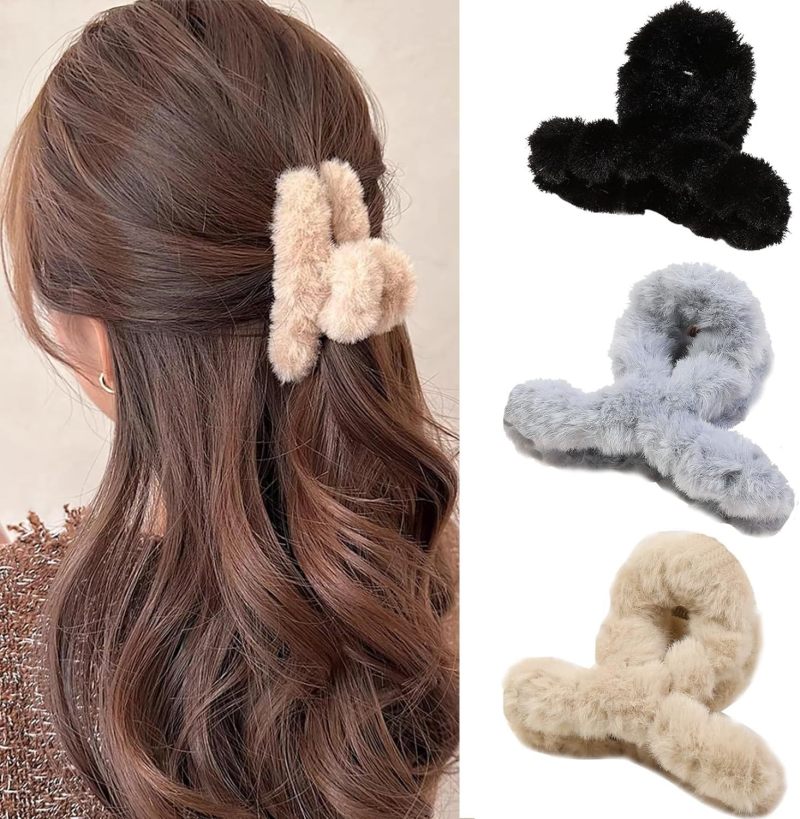 3-piece set of women's plush grab clips, cute mini hair grab in autumn and winter, matte non-slip and firm clip hair headdress. - Image 1