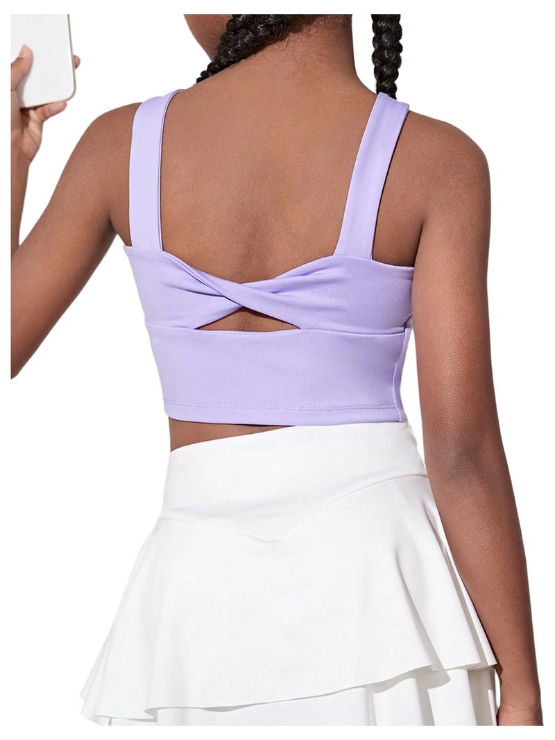 WDIRARA Girl's Twist Back Sports Bras Backless Tank Top Workout Sports Shirts for Gym Purple 9Y - Image 1