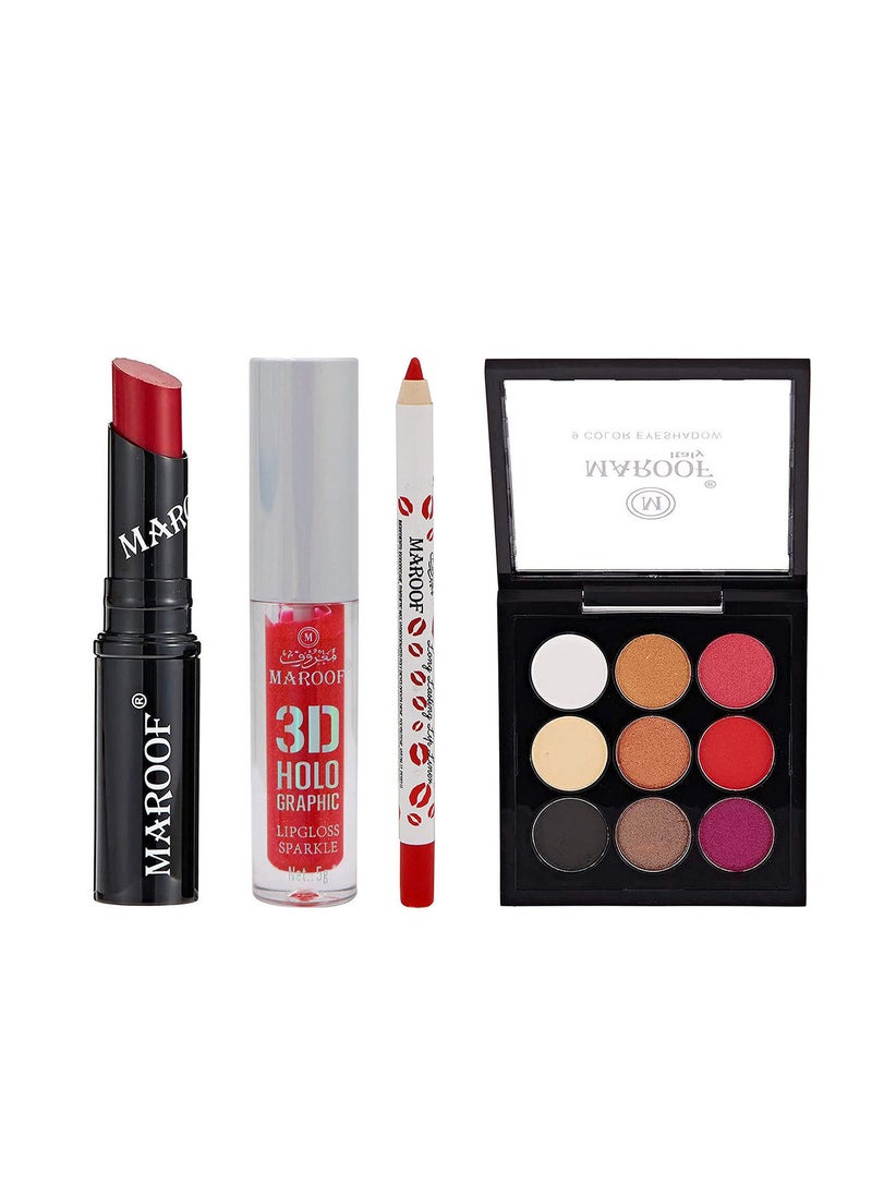 MAROOF Lip Trio Set And 9 Color Eyeshadow Palette Combo Multicolour Pack of 4 - Image 1