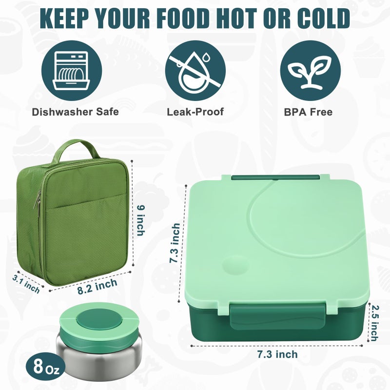 ITSLIFE Bento Lunch Box for Kids with 8oz Soup Thermo&Lunch Bag  Leak-Proof Lunch Food Containers with 4 Compartment  Hot Food Insulated Food Jar for Kids School (Green) - Image 2