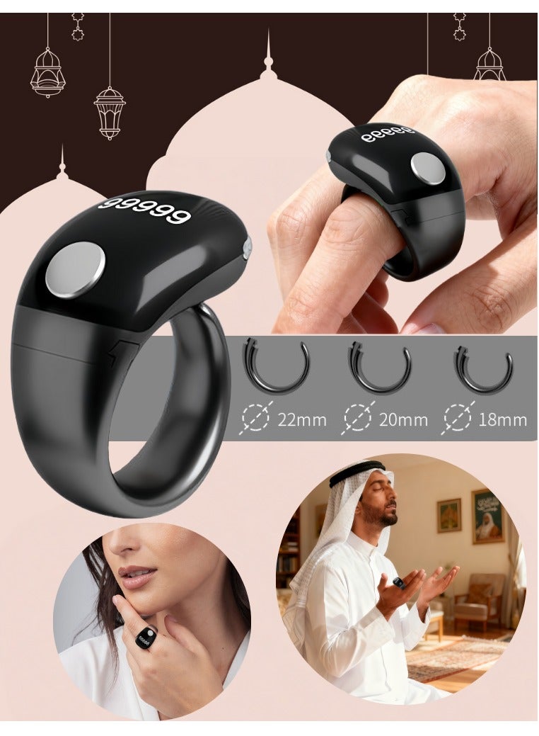 Tasbih Zikr Smart Ring, Adjustable Counter, Size (18 and 20mm 22), Digital Counter Prayer Reminder Ring, Waterproof Counter Zikr Ring, For Muslims (black) - Image 1