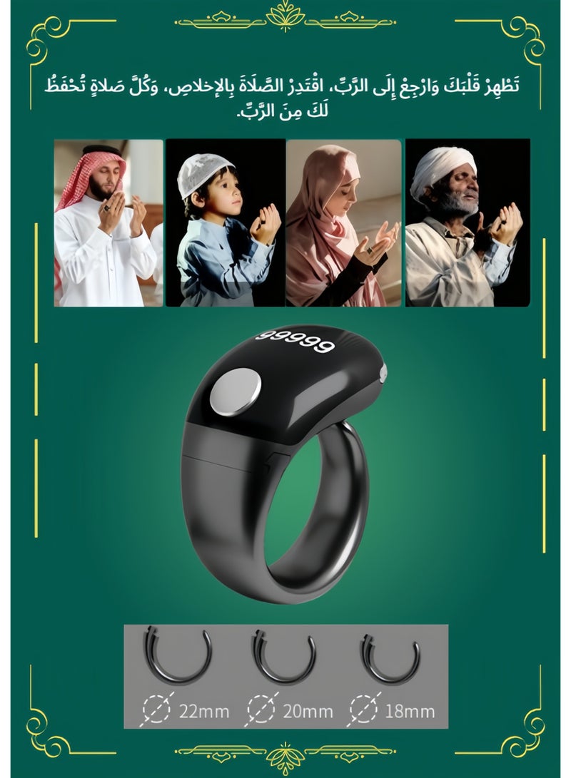 Tasbih Zikr Smart Ring, Adjustable Counter,  With Replaceable ring Sizes (/18/20/22/mm), Digital Counter Prayer Reminder Ring, Waterproof OLED Display Counter Zikr Ring,  Tasbeeh counter for Muslims（Black） - Image 1