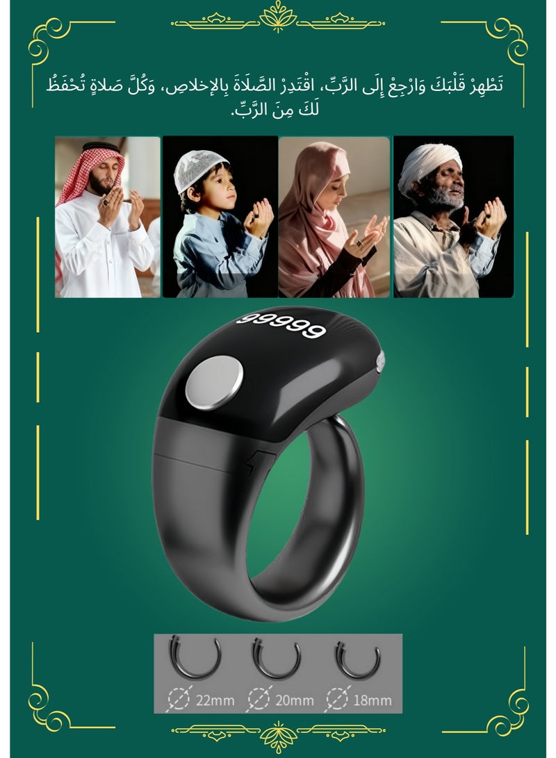 Tasbih Zikr Smart Ring, 3 Size Adjustable Tasbeeh Counter (/18/20/22/mm), Tasbih Counter Smart Ring，Tasbeeh Counter, Prayer Ring, WatchTime & Date|Tasbih ring for Muslims，APP Support Digital Counter , Waterproof OLED Display Counter Zikr Ring, Tasbeeh counter for Muslims（Black）-Ramadan Gift and Eid Gift，Eid Essential - Image 1