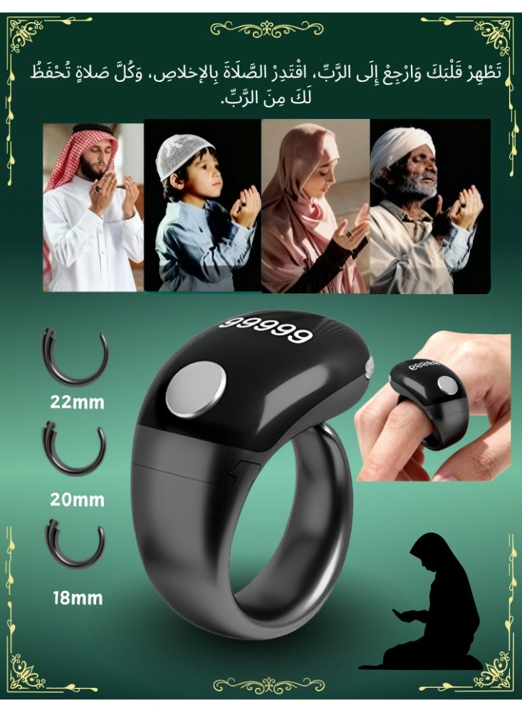 Tasbih Zikr Smart Ring, 3 Size Adjustable Tasbeeh Counter (/18/20/22/mm), Tasbih Counter Smart Ring，Tasbeeh Counter, Prayer Ring, WatchTime & Date|Tasbih ring for Muslims，APP Support Digital Counter , Waterproof OLED Display Counter Zikr Ring, Tasbeeh counter for Muslims（Black） - Image 1