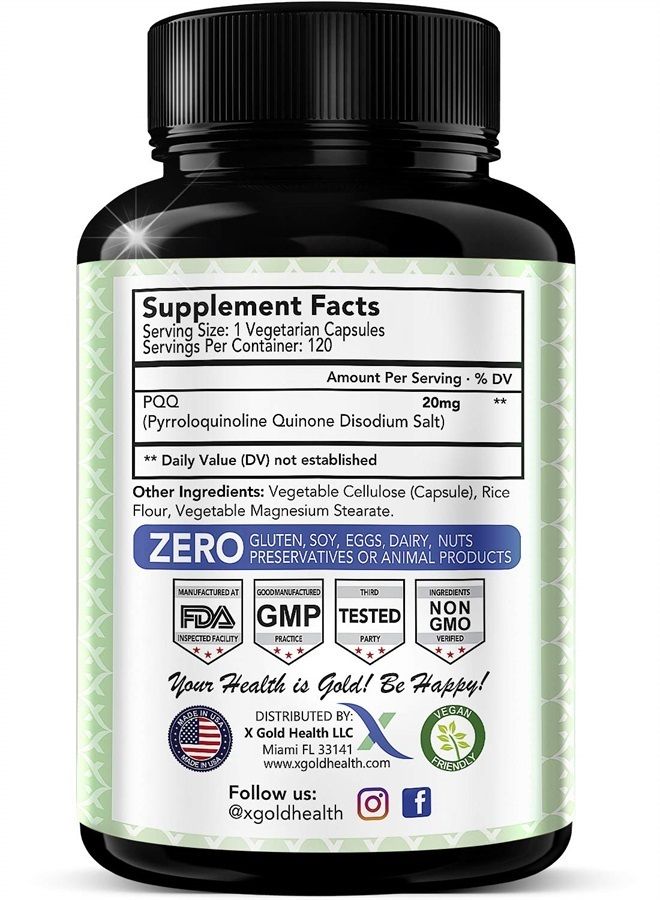 X Gold Health PQQ Supplement Veggie Capsules (Pyrroloquinoline Quinone), 99,7%+ Highly Purified - Promotes Mitochondrial Biogenesis, Energy Optimizer, Heart Health, Cognitive Function & Sleep Support (120 CT) - Image 2