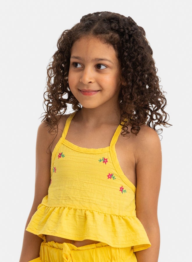 Girls Yellow Sleeveless Shoulder Lace Blouse with Flower Stitching